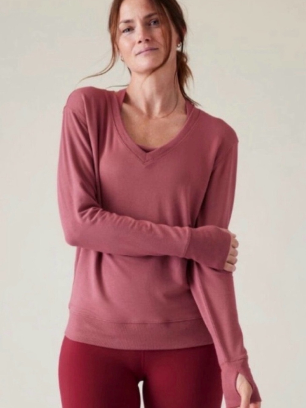 Athleta Sunrise V-Neck Sweater in Berry Rose